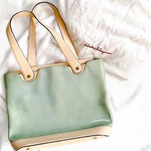 Vintage Ferragamo aqua patent Bucket Bag